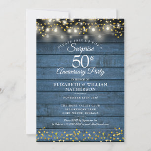 Invitation Surprise Party 50e Anniversaire d'or Bleu Rustique