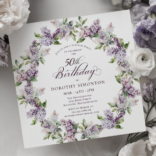 Invitation SURPRISE PARTY 50e anniversaire Purple Lilac Flora