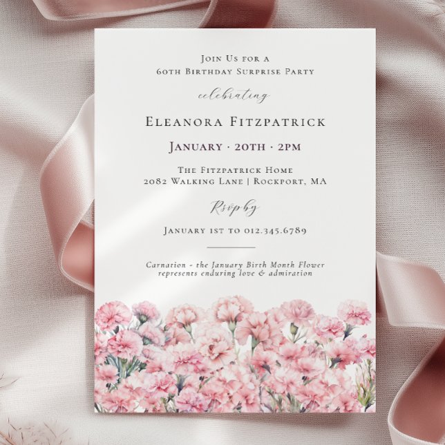 Invitation SURPRISE PARTY 60th Birthday Pink Carnation Floral (Créateur téléchargé)