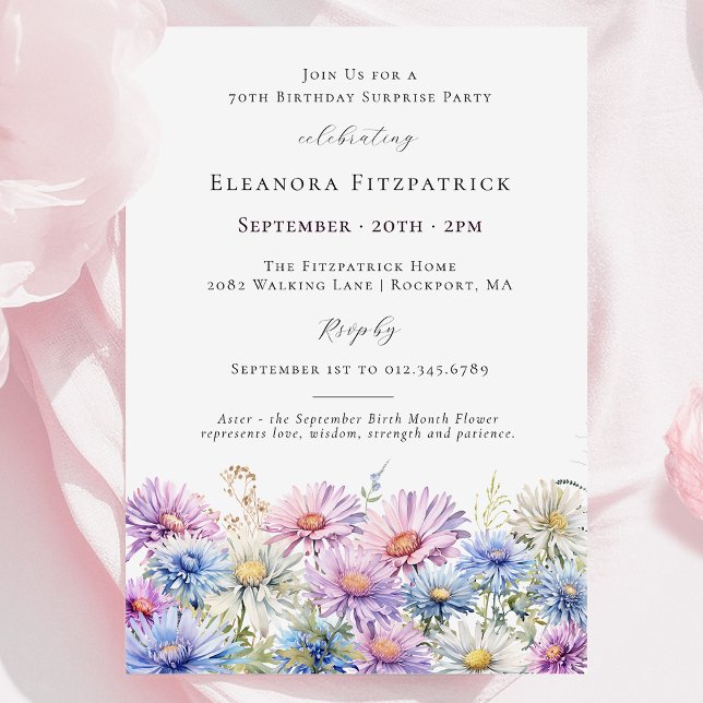 Invitation SURPRISE PARTY 70th September Birth Month Flower (Créateur téléchargé)