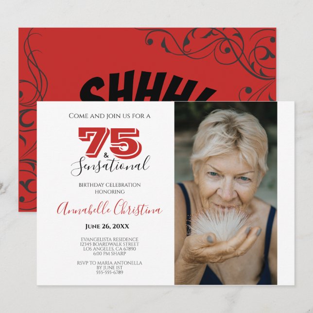 Invitation SURPRISE PARTY 75e anniversaire 75 & SENSATIONNEL (Devant / Derrière)