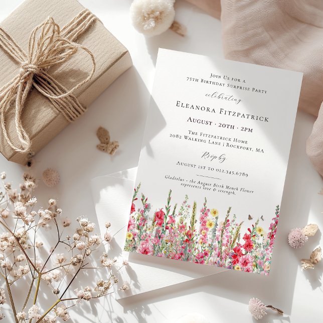 Invitation SURPRISE PARTY 75e anniversaire Août Fleur de nais (Créateur téléchargé)