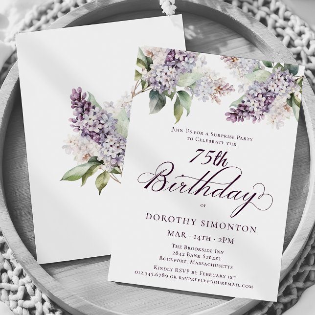 Invitation SURPRISE PARTY 75e anniversaire Purple Lilac Flora (Créateur téléchargé)