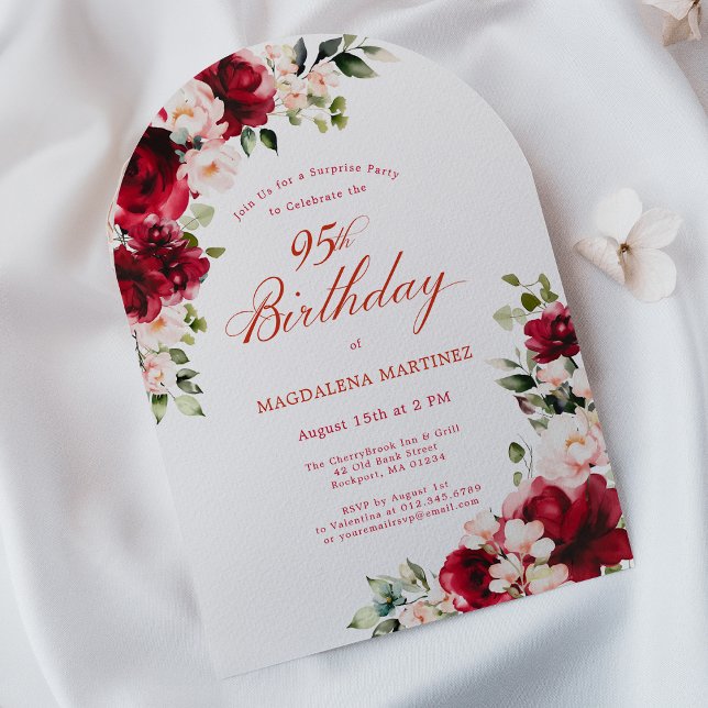 Invitation SURPRISE PARTY 95e Anniversaire Rouge rose floral  (Créateur téléchargé)