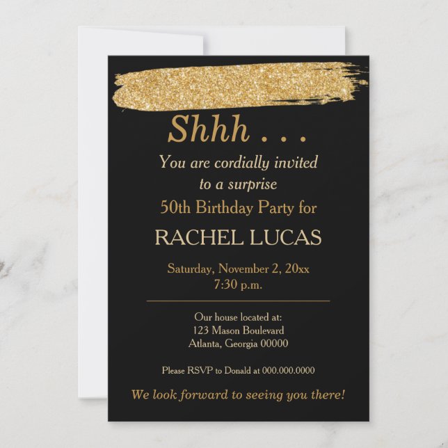 Invitation Surprise Party Black Gold Parties scintillant Styl (Devant)