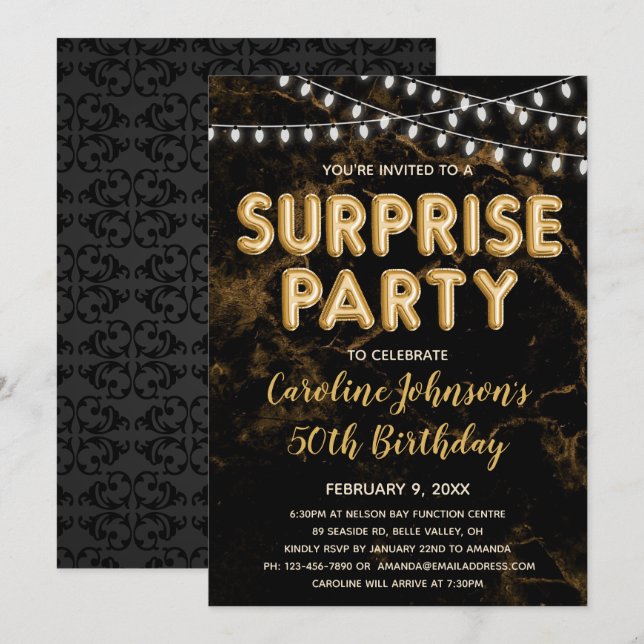 Invitation Surprise Party Gold Balloon Anniversaire Invitatio (Devant / Derrière)