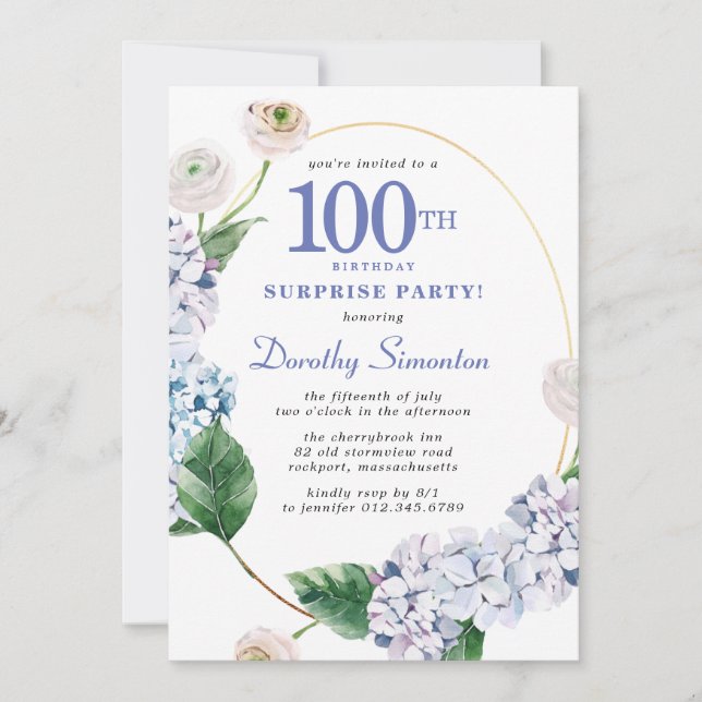 Invitation Surprise Party Hydrangea Rose 100e anniversaire (Devant)