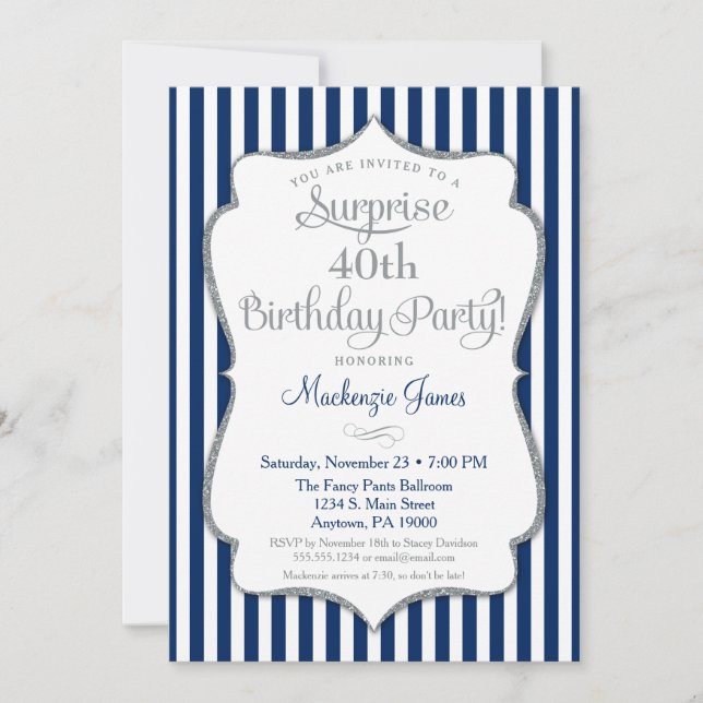 Invitation Surprise Party Navy Blue Silver Elegant (Devant)