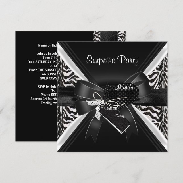 Invitation Surprise Party Zebra Black White Bow Image (Devant / Derrière)