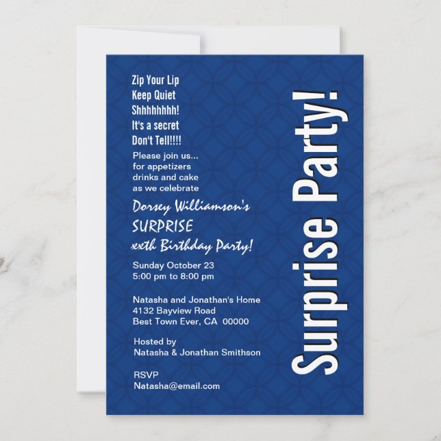 Invitation SURPRISE Personnalisée Anniversaire Royal Blue Ver (Devant)