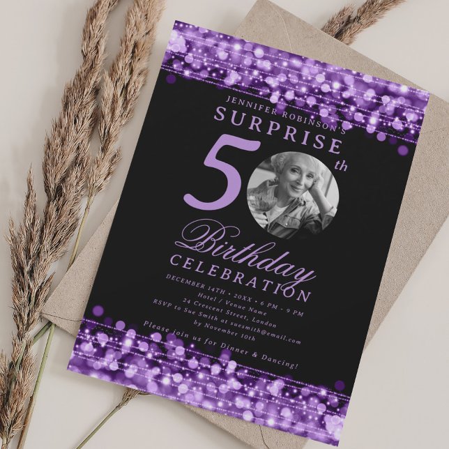 Invitation SURPRISE Photo 50e anniversaire Lumières violettes (SURPRISE Photo 50th Birthday Purple Lights Invitation)