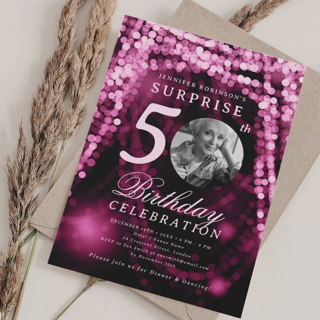 Invitation SURPRISE Photo 50th Birthday Hot Pink Glam Lights (SURPRISE Photo 50th Birthday Hot Pink Glam Lights Invitation)
