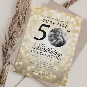 Invitation SURPRISE Photo 50th Birthday Party Gold Bokeh