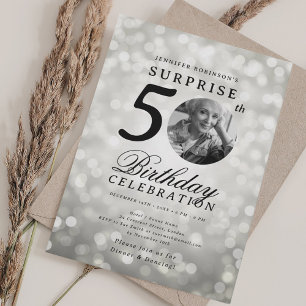 Invitation SURPRISE Photo 50th Birthday Party Silver Bokeh