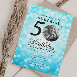 Invitation SURPRISE Photo 50th Birthday Party Turquoise Bokeh