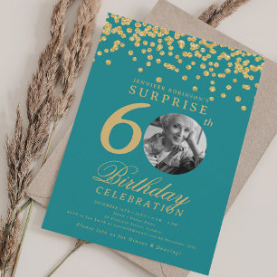 Invitation SURPRISE Photo 60 Anniversaire Gold Confetti Turqu