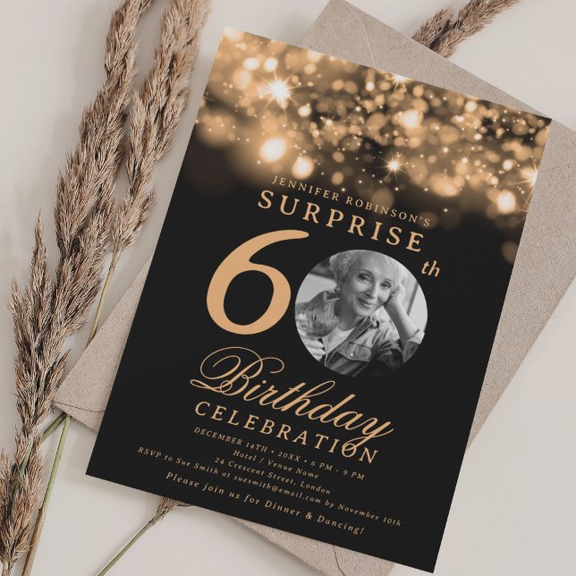 Invitation SURPRISE Photo 60e anniversaire Gold Midnight Glam (SURPRISE Photo 60th Birthday Gold Midnight Glam Invitation)