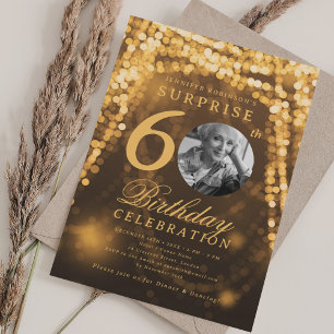 Invitation SURPRISE Photo 60th Birthday Gold Glam Lights