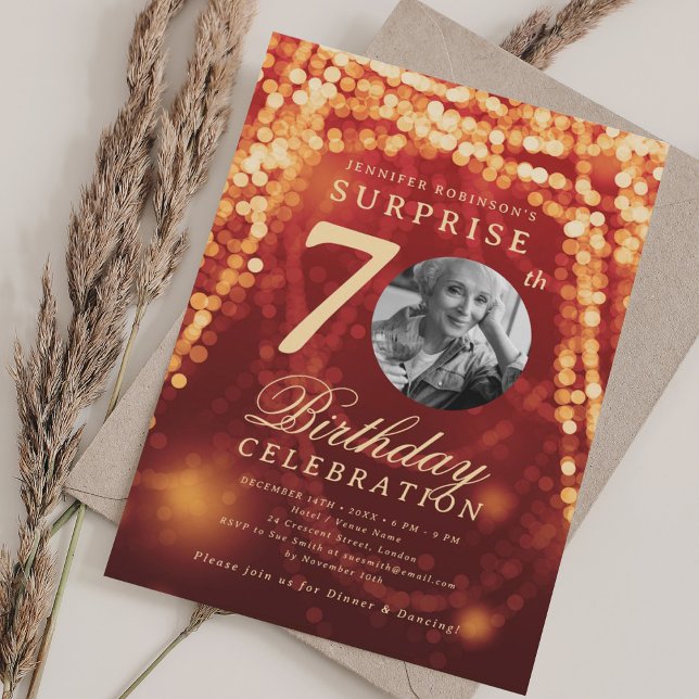 Invitation SURPRISE Photo 70th Birthday Gold Red Glam Lights (SURPRISE Photo 70th Birthday Gold Red Glam Lights Invitation)