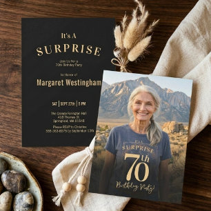 Invitation Surprise Photo Anniversaire 70 Ans Or Noir Moderne