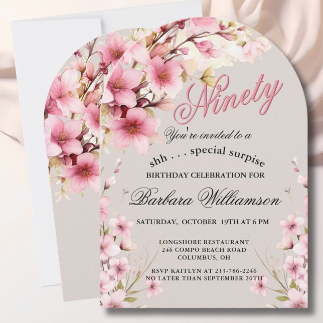 Invitation SURPRISE Pink Floral Arch Elegant 90th Birthday  (Créateur téléchargé)