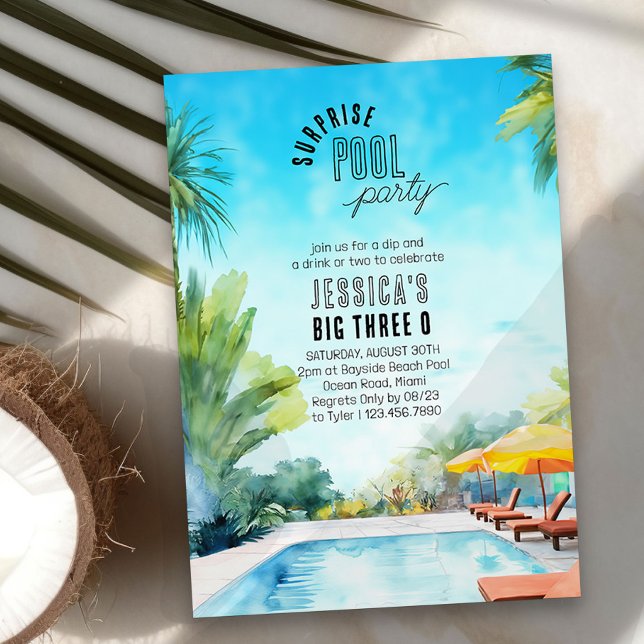 Invitation Surprise Pool Party Watercolor Adulte Anniversaire (Surprise Birthday Party invitation with inviting pool and sun terrace landscape)