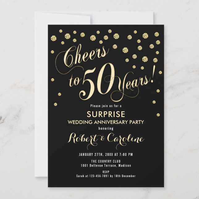 Invitation Surprise pour 50 ans de mariage - Noir et or (Devant)