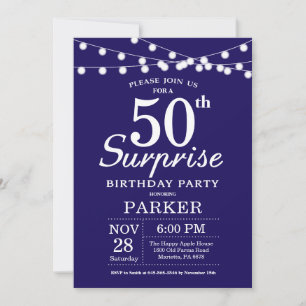 Invitation surprise pour 50 ans sur fond bleu mari