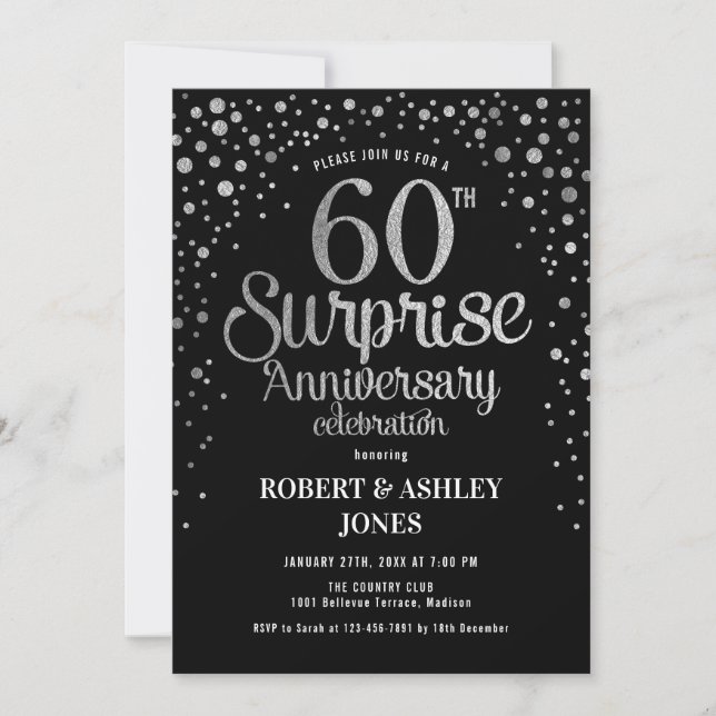 Invitation Surprise pour 60 ans de mariage - Noir & Argent (Devant)
