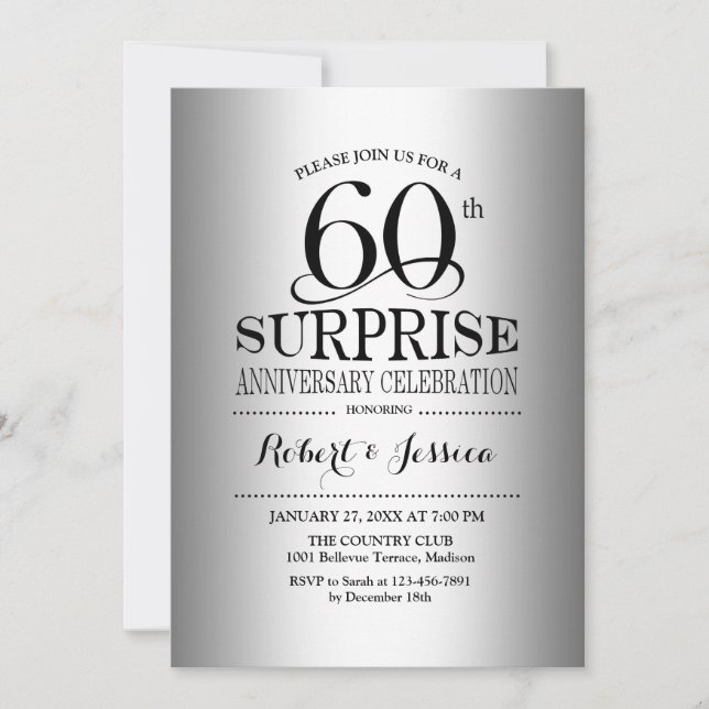 Invitation Surprise pour 60e anniversaire de mariage - Argent (Devant)