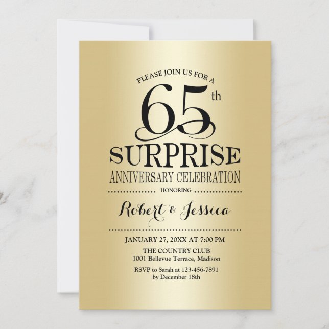Invitation Surprise pour 65e anniversaire de mariage - Or (Devant)