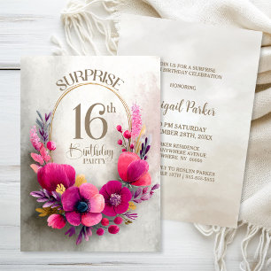 Invitation Surprise pour un 16ème anniversaire aux fleurs ros