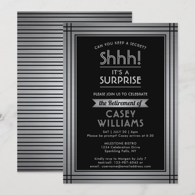 Invitation Surprise Retraite Party Elégant Black Silver (Devant / Derrière)