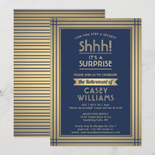 Invitation Surprise Retraite Party Elégant Marine Bleu & Or