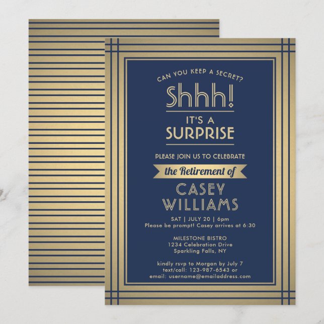 Invitation Surprise Retraite Party Elégant Marine Bleu & Or (Devant / Derrière)
