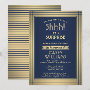 Invitation Surprise Retraite Party Elégant Marine Bleu & Or