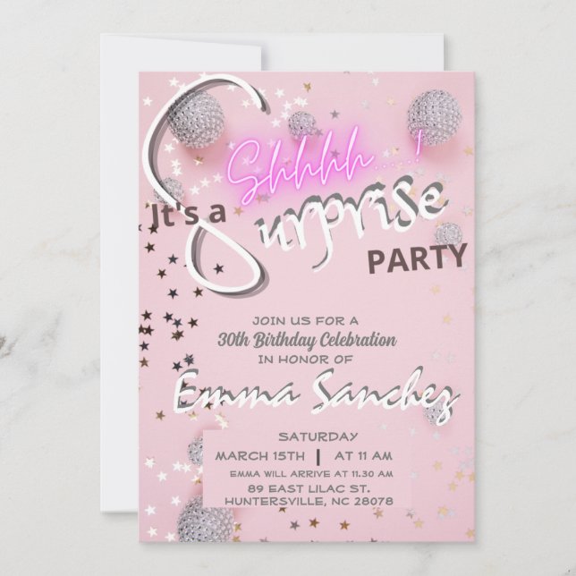 Invitation surprise rose et gris avec QR rsvp (Devant)