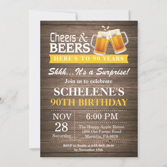 Invitation Surprise Rustic Cheers and Beers 90e anniversaire (Devant)