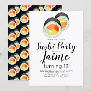 Invitation Sushi aquarelle fête d'anniversaire adolescente cu