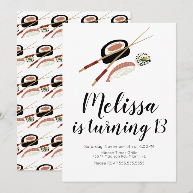 Invitation Sushi Roll Saumon Ado Anniversaire Hibachi Restaur (Devant / Derrière)