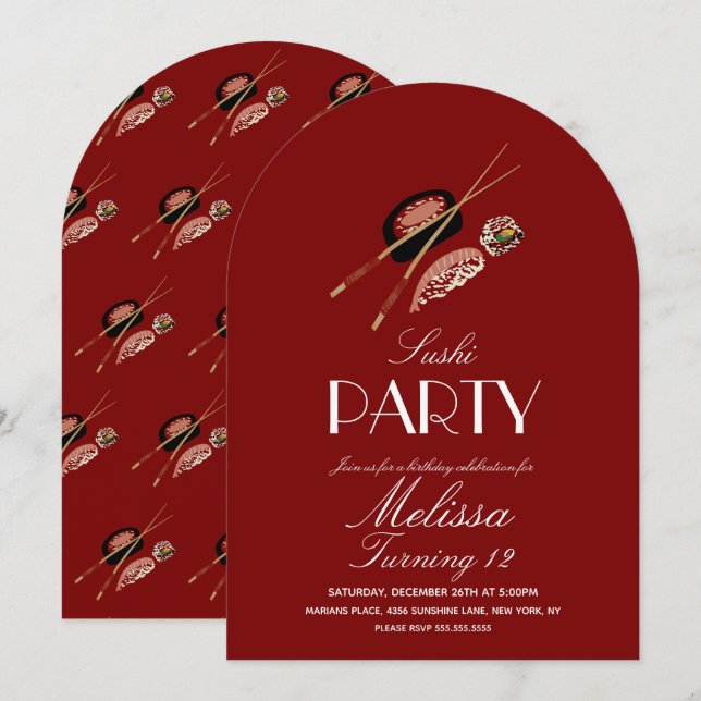 Invitation Sushi Rolls Chopsticks Japan Saki Birthday Party (Devant / Derrière)