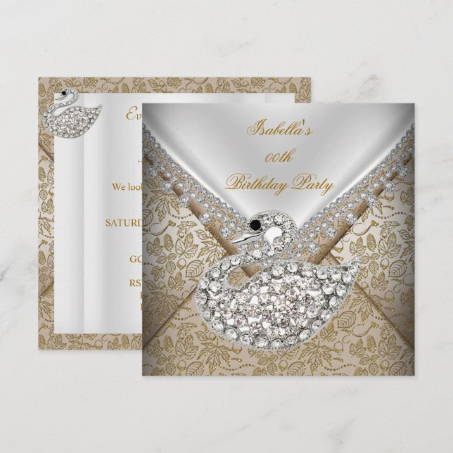 Invitation Swan Beige Or Damask Blanc Elégant Anniversaire (Devant / Derrière)