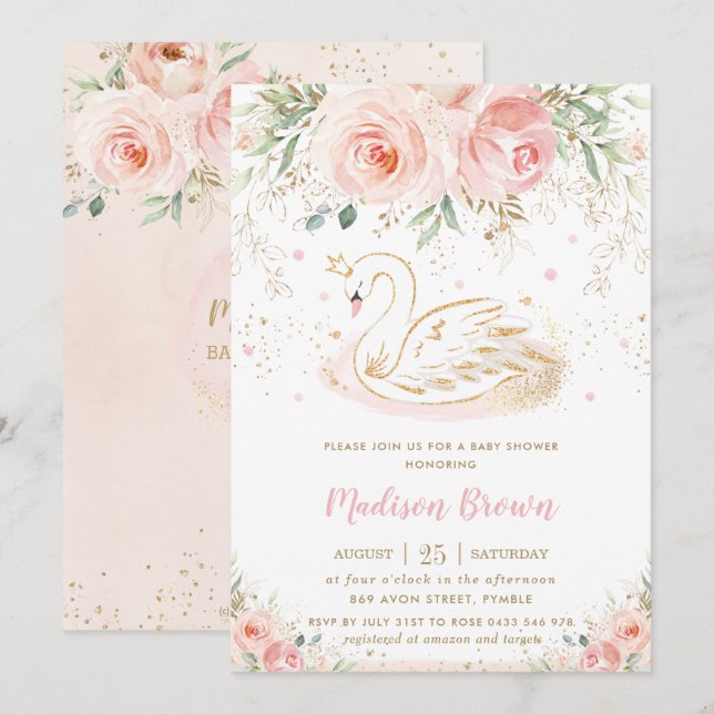 Invitation Swan Blush rose Floral Gold Baby shower fille (Devant / Derrière)