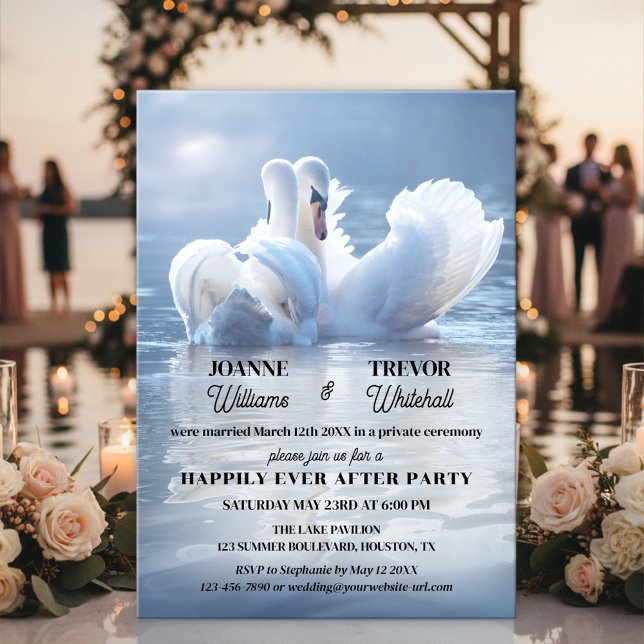 Invitation Swan Lake Happily Ever After Party (Happily ever after wedding invitation featuring two swans in love on a sunlit lake)