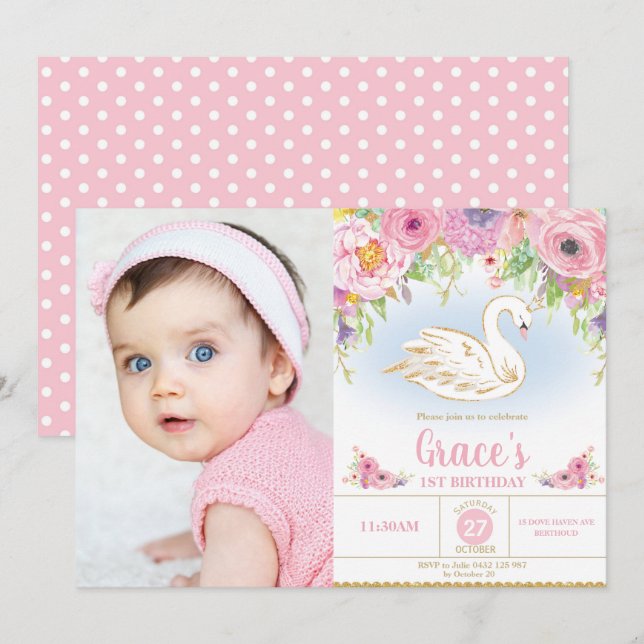 Invitation Swan Princess Anniversaire Floral Girl Photo (Devant / Derrière)