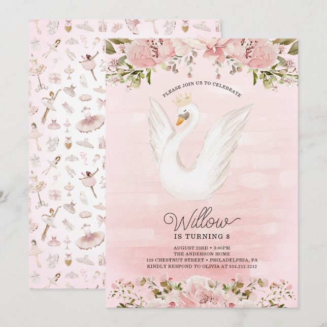 Invitation Swan Princess Ballerina Fille fête d'anniversaire (Devant / Derrière)