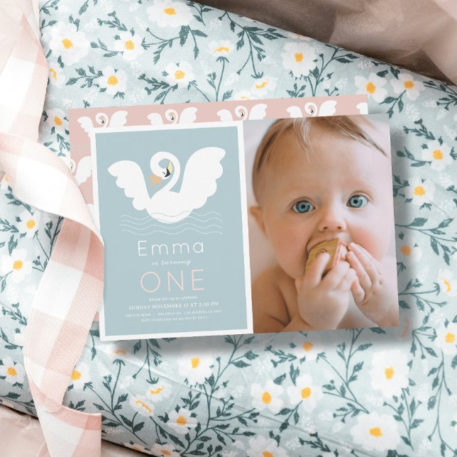 Invitation Swan Princess Modern Blue Girl 1er anniversaire Ph (Créateur téléchargé)