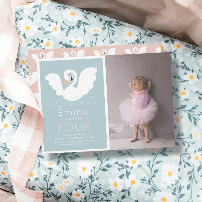 Invitation Swan Princess Modern Blue Girl Photo Anniversaire (Créateur téléchargé)