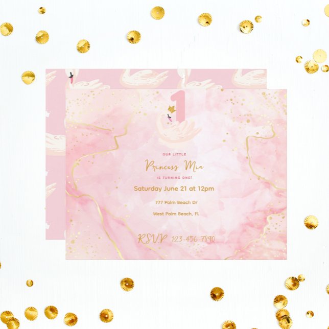 Invitation Swan Princess Pink & Gold Aquarelle 1er anniversai (Créateur téléchargé)