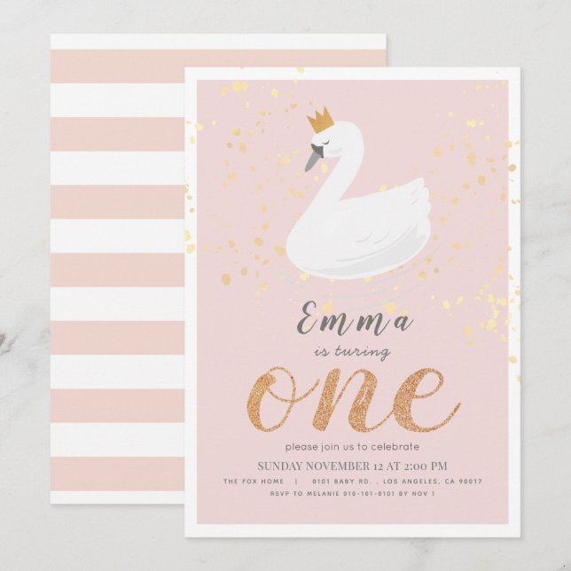 Invitation Swan Princess Rose Girl 1er anniversaire (Devant / Derrière)